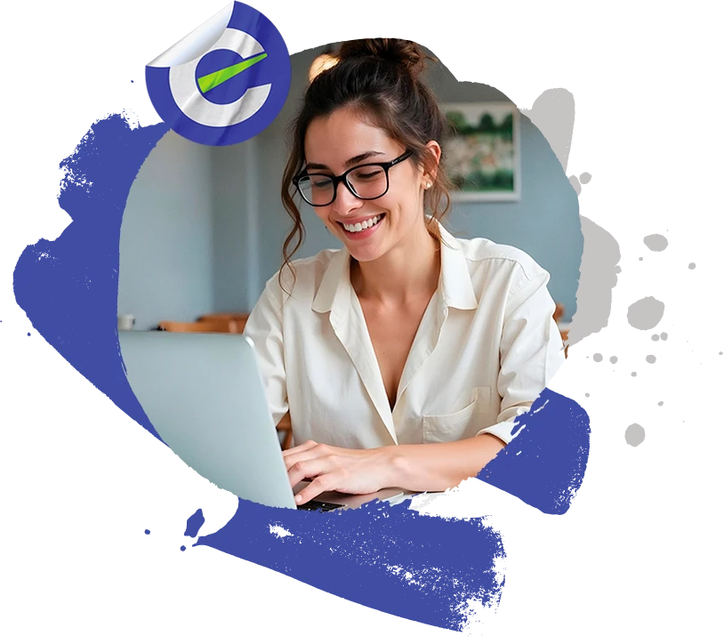 foto de mulher trabalhando no computador com sobreposição do selo NetEye