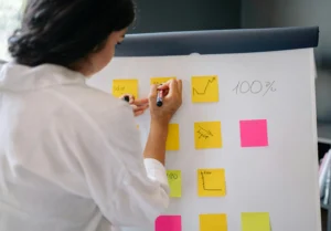 Profissional organizando tarefas e fluxos de trabalho em quadro com post-its coloridos, representando estratégias de produtividade nas empresas e gestão eficiente de equipes